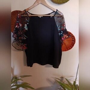 Umgee Black Blouse with Floral Sheer Sleeves